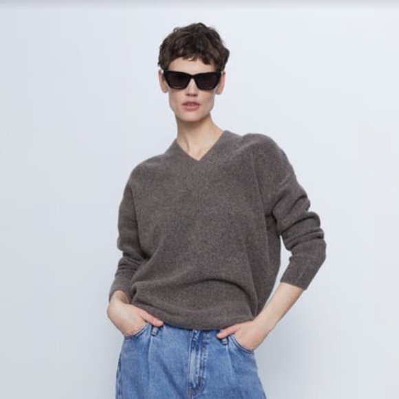 ZARA Wool Blend V-Neck Sweater - S - Taupe Grey - Picture 1 of 6